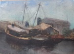 PANCETTI, Giuseppe "José" Pancetti (Campinas, 18 de junho de 1902 Rio de Janeiro, 10 de fevereiro de 1958) - "Marinha Com Barcos" O.S.T, colado sobre madeira, A.C.I.E, datado de 1946. Med 40x57 cm. Obs: ausência de moldura, apresenta marcas do tempo, possivelmente restauro, sem expertise não garantimos autenticidade.