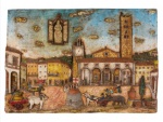TONIO - " Paisagem com Casario, Personagens, Animais e acima Oratório Tríptico com Nossa Senhora". Majestosa placa executada em terracota policromada fixada em placa de madeira. 56 x 78,5 x 5cm. Assinadoedatado(69).