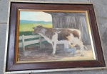 Quadro com pintura em alcatex, representando "ORDEANHA" . Med: 40 x 30 moldura / 32 x 23telacm.