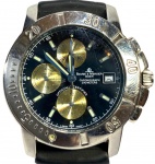 BAUME & MERCIER (Geneve) - "Cronograph" Elegante relógio de pulso suíço, a quartz, modelo esportiivo, com caixa em aço e pulseira em borracha. Funcionando no momento e sem garantias futuras. Med 4,5 cm (Caixa). Obs: Não garantimos Autenticidade pois a máquina não foi aberta.