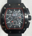 OLEVS (Chronograph) - Elegante e raro relógio de pulso, modelo esportivo, a quartz, com caixa e pulseira em aço, com esmalte negro. Funcionando no momento e sem garantias futuras. Med 5x6 cm (Caixa).