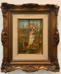 Dallara, Gustavo "Piquenique" óleo sobre tela, medindo 34 x 23 cm assinado canto inferior esquerdo, datado de 1919. Moldura no estado