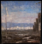 José Paulo Moreira da Fonseca "O mastro das construção", óleo sobre eucatex, medindo 17 X 16 cm, assinado canto inferior direito e no verso.