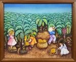 DILA. "Colheita de banana", óleo s/ tela colado na madeira. 40 x 50. Assinado e datado (1987