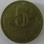 Moeda de Bronze-Aluminio ,Brasil 5 Cruzeiro 1943 -