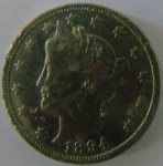 Moeda de Niquel Estrangeira , Estados Unidos V cent 1894  -