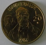 Moeda de Bronze Estrangeira ,San Marino 20 Lire - 1984-Lovis Pasteur - FC