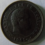 Moeda de Bronze ,Portugal 5 Ries 1905 