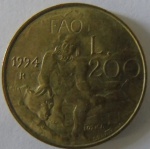Moeda de Bronze ,San Marino 200 Lire 1994 -F.A.O