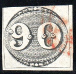 Olho-de-Boi - 90 Réis - nº3. Selo usado, margem superior tocada, com pequeno amincí. Com carimbo ver