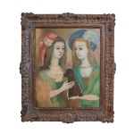 MARIE LAURENCIN (Paris, França, 1883  1956) Deux femmes et petit chien, óleo sobre tela, medindo