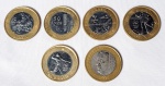 Lote contendo 6 moedas brasileiras de 1 real, comemorativas, variadas.