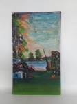 QUADRO - SEM ASSINATURA: Antigo e bonito quadro decorativo de parede com pintura sobre madeira representando casa a beira mar, sem moldura, medidas: altura:55 cm e largura:33 cm
