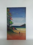 QUADRO - SEM ASSINATURA: Antigo e bonito quadro decorativo de parede com pintura sobre madeira representando homem a beira mar, sem moldura, medidas: altura:55 cm e largura:33 cm