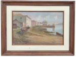 ASSINATURA ILEGÍVEL- "Marinha com barcos, casas e figuras", óleo sobre tela, medindo 17 x 25,5 cm. Medida da moldura 22 x 30 cm.