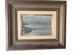 Lindo Quadro O/S/T com Rica Moldura , representando o inicio da Obra da Ponte Rio X Niterói assinado C/I/D - Aloísio do Valle. Medidas: 45X37.