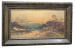 Quadro OST representando a paisagem de uma Vila à beira do rio. Com assinatura e data no CID. Medida com moldura 58 x 37 cm.
