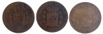 Lote com 3 Moedas de 10 centavos da Espanha, ano 1878