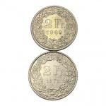 Casal de Moedas da Suíça, 2 Francos 1969 e 1978, Cupro-Níquel. 