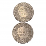 Casal de Moedas da Suíça, 2 Francos 1973 e 1974, Cupro-Níquel. 