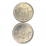 Casal de Moedas da França, 5 Francos 1992 e 1993, Cupro-Níquel. 