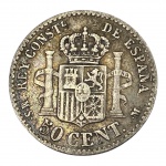 Espanha, 50 Cents 1880, Prata: (.835) - 2,5gr - 18mm. 