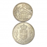 Casal de Moedas Estrangeiras, 50 Pesetas 1957 e 5 Kroner 1979, Cupro-Níquel. 