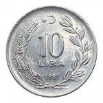 Turquia, 10 Lira 1981, Alumínio. 