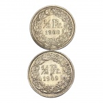 Casal de Moedas da Suíça, 1/2 Francos 1968 e 1969, Cupro-Níquel. 