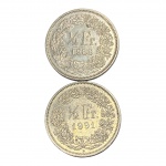 Casal de Moedas da Suíça, 1/2 Francos 1989 e 1991, Cupro-Níquel. 