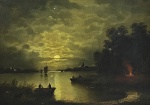 ASSINATURA ILEGÍVEL, óleo sobre tela, representando paisagem noturna com figuras, medida interna 46
