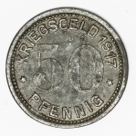 Numismática - Magnífica peça proveniente de coleção adquirida na Alemanha, fruto de anos de garimpo. Oportunidade - Notgeld.
50 Pfennig - Kriegsgeld `Dinheiro de Guerra` - 1917 - Ohligs - Magnífica