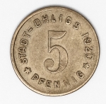 Numismática - Magnífica peça proveniente de coleção adquirida na Alemanha, fruto de anos de garimpo. Oportunidade - Notgeld.
5 Pfennig - 1920 - Ohligs. Linda!