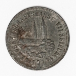 Numismática - Magnífica peça proveniente de coleção adquirida na Alemanha, fruto de anos de garimpo. Oportunidade - Notgeld.
Kriegsmunze, `moeda de guerra` - 1917 - 15 Pfennige Friedenschluss - Gultig - R6 Monaten - `Acordo de paz válido por 6 meses` - Genossen Schaftskssa - Vilsbiburg
