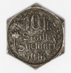 Numismática - Magnífica peça proveniente de coleção adquirida na Alemanha, fruto de anos de garimpo. Oportunidade - Notgeld.
10 Pfennig - 1919 - Saulgau - Magnífica.