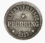 Numismática - Magnífica peça proveniente de coleção adquirida na Alemanha, fruto de anos de garimpo. Oportunidade - Notgeld.
5 Pfenning - 1917 - Pförring - Valida até um ano após o fim da guerra. Mercado da Cidade - Raríssima