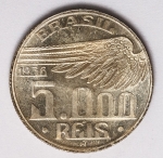 Numismática Brasil - 5000 Réis, 1936 - Santos Dumont - Brilho da cunhagem aparente