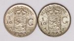 Numismática - Índia Holandesa - 2 peças de 1/10 G Florin - 1941 e 42 - KM 318 - Prata