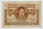 Numismática França - 5 Francos - Territórios ocupados - 1947 - Alta raridade. Pequeno furo abaixo do Nº2 da série
