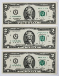 Numismática USA - 3 Cédulas de 2 Dólares - 2013, seriadas