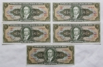 Numismática Brasil - 5 Cédulas de 1 Centavo seriadas - 1966 C113 com erro `Minstro`