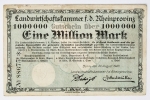 Numismática Alemanha - Cédula do Pós Guerra e Inflacionário. Fez parte de importante coleção europeia.
Vale ressaltar que será apregoada individualmente. Não catalogamos as peças mas aconselhamos para maiores informações Deutsches Notgeld de Anton Geiger, 1918-21 e 1914-15 de Hans Jurg
1 milhão de Marcos - Linda vinheta, Bonn - 1923