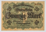Numismática Alemanha - Cédula do Pós Guerra e Inflacionário. Fez parte de importante coleção europeia.
Vale ressaltar que será apregoada individualmente. Não catalogamos as peças mas aconselhamos para maiores informações Deutsches Notgeld de Anton Geiger, 1918-21 e 1914-15 de Hans Jurg
Grande oportunidade para possibilidade de peças inéditas, raras e belas. Aconselhamos análise apurada!!
20 Marcos, 1918 para 1919 (pode e foi trocada em 1919) - Memmingen, rara