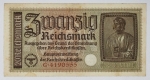 Alemanha - 20 Reichsmark - Período Nazista - 2ª Guerra - 
Item não promove ou glorifica violência ou intolerância racial. Está à venda apenas para fins de preservação da memória histórica. Organização do leilão não faz apologia a quaisquer movimentos políticos ou ideológicos, e repudia qualquer ideologia de cunho racista.