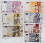 Europa, 1997 - Conjunto com 7 cédulas empregadas no treinamento para a entrada do euro em circulação futura - Somente frente em papel comum - Raridade - European Monetary Institute 1997