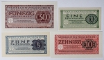 Alemanha - Série com 4 peças em flor de estampa - 1, 5, 10 e 50 Reichsmark - 1944 - Para uso do exército alemão. Item não promove ou glorifica violência ou intolerância racial. Está à venda apenas para fins de preservação da memória histórica. Organização do leilão não faz apologia a quaisquer movimentos políticos ou ideológicos, e repudia qualquer ideologia de cunho racista.