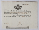 Numismática Brasil - Guia de Fundição de Ouro - Tejuco - 7 de agosto de 1777. Histórica peça, praticamente flor de estampa - Grande importância na numismática brasileira. Peça conservada em condições controladas de temperatura e umidade, preservando sua beleza - 58 oitavas e três quartos do Sr. João M. Penna - 18,8x14,7cm