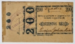 Brasil - Raríssima cédula de 200 Réis, falta de troco - Impressa na cidade de Cachoeira, Bahia - Século XIX - Para uso na cidade de Veados - Assinada por Porcino Galvão Rocha