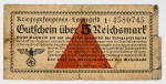 Alemanha - 5 Reichsmark - 2ª Guerra - Para circular em campos de prisioneiros - Rara - Item não promove ou glorifica violência ou intolerância racial. Está à venda apenas para fins de preservação da memória histórica. Organização do leilão não faz apologia a quaisquer movimentos políticos ou ideológicos, e repudia qualquer ideologia de cunho racista.
