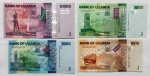 Uganda - Série com 4 peças flor de estampa - 1000, 2000, 5000 e 10.000 Shilingi - Lindo conjunto